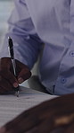 Black man, hands and signing with documents for loan agreement, policy or legal contract in office. Male person, employee or thinking with regret, form or application for signature or financial deal