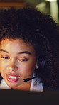 Business woman, consultant and night with headset for online advice or customer service in office. Female person, agent or working late with mic for virtual assistance or web support in call center