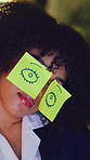 Woman, sleeping and sticky note eyes at office fpr fatigue, exhausted pr computer at insurance job. Person. broker or  advisor at pc with sign, drawing or symbol for burnout at risk management agency