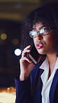Woman, lawyer and phone call at night, office and discussion with legal negotiation at agency. Person, smartphone and attorney with glasses, talk and explain with consulting at corporate law firm