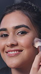 Face, woman and smile with makeup brush in home for beauty routine, bronzer coverage and contour. Cosmetics, person or happy with powder application in house for getting ready, blush and natural glow