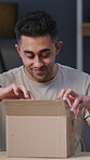 Delivery, unboxing and surprise with man in home for supply chain, ecommerce parcel and distribution, online shopping product, package and shipping with customer in house for courier service