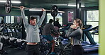 Barbell, personal trainer and teaching with man in gym for weightlifting, fitness and muscle workout. Training, coaching and bodybuilder exercise with people in sports center for powerlifter athlete
