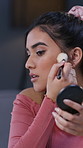 Influencer, makeup and woman with phone for live stream, tutorial and instructions for application tips. Beauty content creator, ring light and recording cosmetic routine for channel, mobile or brush