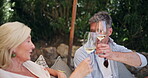 Happy, couple or cheers with wine in nature for tasting experience, anniversary celebration or love. Bonding, mature people or laugh with drinks toast outdoor for weekend date, support and milestone