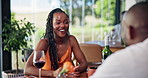Happy couple, laughing and romantic date with wine glass, conversation or discussion in restaurant. Woman, man and talking with alcohol for fine dining, tasting dinner or anniversary at vineyard