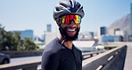 Fitness, cyclist and black man with sunglasses on road for training, outdoor and ready for workout. Cardio exercise, safety gear and happy athlete on highway for morning practice, portrait and laugh