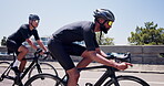 Fitness, cycling or people with sunglasses on road, outdoor workout or resilience training together. Helmet, athletic activity or men with bike on bridge for balance challenge, exercise or endurance
