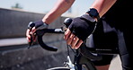 Cycling, brake lever and hands on road with bike, handlebar test and control check in cardio exercise. Fitness, man and cyclist in city with bicycle, gear and safety inspection in outdoor workout.