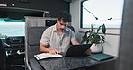Rv, laptop and reading with man in van for travel blog, freelancer or holiday review. Road trip advisor, online guide and remote worker with person in campervan vehicle for research or digital nomad