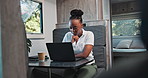 Laptop, reading and thinking with black woman in caravan for digital journal of holiday or vacation. Computer, idea and typing with African person in RV for planning, research or road trip adventure