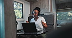 Headphones, dance or black woman in caravan with laptop, streaming or listening to music on road trip. Happy, playlist or girl in trailer with tech, enjoyment or radio subscription on holiday journey