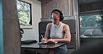 Writing, headphones and woman in RV with notebook, ideas and inspiration for travel author or novel. Reflection, writer and person with journal for planning, van life and notes for story or project