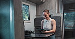 Road trip, smile and tablet with woman in caravan for digital diary of holiday or vacation. App, scrolling and travel with happy person in booth of RV for break, online journal or sightseeing