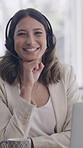 Headset, laptop and face of business woman in office for lead generation, virtual advisor and about us. Consulting, networking and telemarketing agent with person in communication agency for kpi
