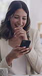 Phone, laughing and texting with business woman in office for portfolio growth, joke and funny newsletter. Online meme, account bonus and reading with person in agency for connection and smile