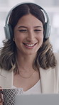 Headphones, video call and businesswoman on laptop in office with online meeting with coffee. Laughing, computer and female creative editor on virtual discussion for publishing feedback in workplace.