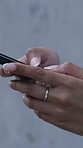 Hands, typing and woman in city with phone for social media, networking and internet on weekend. Outdoor, closeup and person on smartphone for message, connection and communication in urban town
