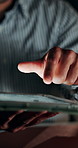 Tablet, research and hands of business person in office for social media review, planning and night. Online marketing feedback, overtime and project with employee in agency for bokeh and proposal