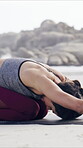 Yoga, fitness and childs pose with woman on beach for holistic, self care and peace. Mindfulness, spirituality and healing with female person stretching outdoor for zen, wellness and awareness