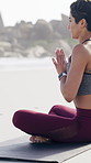 Woman, yoga and meditation for fitness on beach for spiritual healing, inner peace and self care. Female person, namaste pose and chakra with holistic balance, mindfulness technique and zen on ocean 