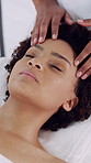 Above, head massage or woman in spa with rest, stress relief or tranquility in holistic care. Wellness, calm or masseuse in center with face rub, comfort or tension removal in healing treatment.