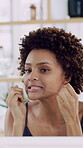 Dental, floss and cleaning with woman in bathroom for morning routine, oral hygiene and self care. Teeth cleansing, gum health and gingivitis treatment with person in home for fresh breath and cavity