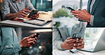 Business people, hands and series with phone, scroll and email for collaboration in office. Closeup, corporate employee and collage with technology for internet research, typing and online project
