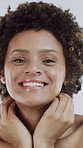 Dance, skincare and face of woman in studio for wellness, cosmetics and natural texture with smile. Dermatology, spa and portrait of happy person with health, glow and beauty on white background