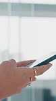 Hands, woman and texting with phone in office for source contact, publishing schedule or email. Flare, journalist and smartphone at media agency for online breaking news, app notification or research
