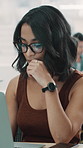 Creative, laptop and business woman with coffee for research, contact and internet for copywriting. Publishing, office and person with phone for website, online article and editing news report