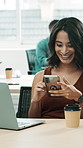 Woman, smartphone and laugh with texting at startup, break or scroll for funny meme at media company. Person, happy and phone with chat, coworking or notification on social network at creative agency