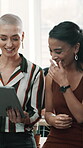 Laugh, planning and tablet with business people in office for digital marketing, project and team. Tech, brand awareness and brainstorming with employees in agency for collaboration and joke