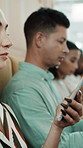 Office lounge, row and group with smartphones, phone call or texting on break, online and colleagues. Typing, people and communication with mobile on web, discussion and woman with coffee in business