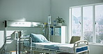 Empty bed, hospital and room for healthcare, wellness and recovery in icu with medical equipment. Clinic, interior and facility with iv drip, ECG monitor and tools for healing with rehabilitation