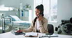 Phone call, contact or woman with laptop in hospital to plan, workflow management or staff schedule. Review agenda, talking or manager with tech for admin, medical operations or coordinate department