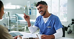 Doctor, patient and discussion in office with clipboard for symptoms, health insurance and consultation. Healthcare worker, people and talking with checklist, diagnosis report and medical aid policy.