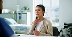 Medical, symptoms or woman in hospital with consultation, chest discomfort or advice for treatment. Healthcare, doctor and patient in clinic with checkup, pain discussion or guidance in client care.