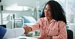 Shaking hands, greeting and doctor with woman in hospital for medical consultation together. Discussion, handshake and healthcare worker with patient for welcome, thank you or support in clinic.