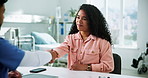 Shaking hands, welcome and doctor with woman in hospital for medical consultation together. Discussion, handshake and healthcare worker with patient for greeting, thank you or support in clinic.