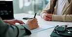 Doctor, patient and hands writing in office with paperwork for symptoms, health insurance and report. Healthcare worker, people and document with prescription notes, medical aid form and diagnosis.