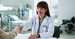 Happy woman, doctor or handshake with patient for consultation, agreement or meeting in clinic. Female person, healthcare worker or shaking hands with client or smile for health insurance in hospital