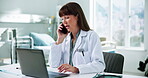 Phone call, doctor and woman with laptop, telehealth or communication with contact for health update. Hospital, medical professional and person with patient records on website and talking with mobile