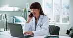 Phone call, doctor and woman with laptop, discussion or communication with contact for health update. Hospital, medical professional and person with patient records on web and telehealth with mobile