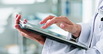 Hands, doctor and person with tablet in clinic for insurance report, healthcare or scroll email. Technology, medical professional or review for results, typing or research information in hospital