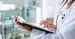 Hands, doctor and woman with tablet for healthcare research, typing email or check records. Worker, technology and person in clinic for telehealth update, review history and medical evaluation