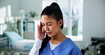 Woman, nurse and headache with stress for overworked, eye strain or pressure in hospital. Tired, female person or caregiver with migraine or pain for fatigue, burnout or medical care in clinic