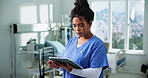 Hospital, nurse and woman with tablet for healthcare research, scroll email or check schedule. Worker, technology and person in clinic for telehealth update, review history and medical evaluation