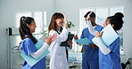 Happy people, medical team or high five with success for good job, well done or procedure in clinic. Excited, group or healthcare workers with smile, tablet or documents for progress in hospital