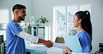 Shaking hands, greeting and nurses in hospital for medical planning together with conversation. Discussion, handshake and healthcare employees for welcome, thank you or support together in clinic.